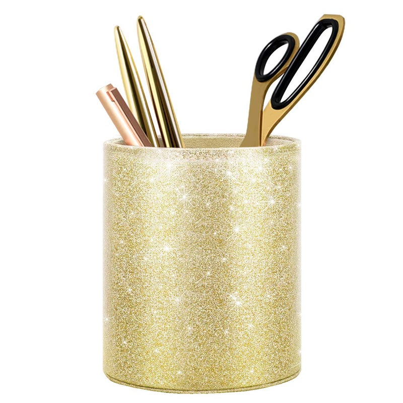 WAVEYU Gold Pencil Holder, Decorative Pens Holder for Desk, Makeup Brushes Organizer for Table, Large Pu Leather Multi-Functional Organizer Cup for Office, Classroom, Home, Champagne Gold - Image 1